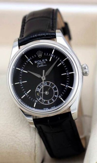 Rolex Geneve Fake Watch Black Face Black Leather Strap